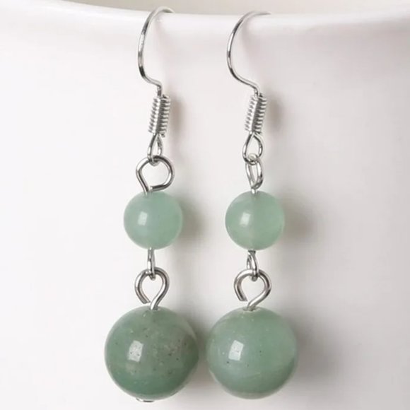 Green Aventurine Natural Stone Gemstone Round Beaded Healing Dangle Earrings - Picture 1 of 2